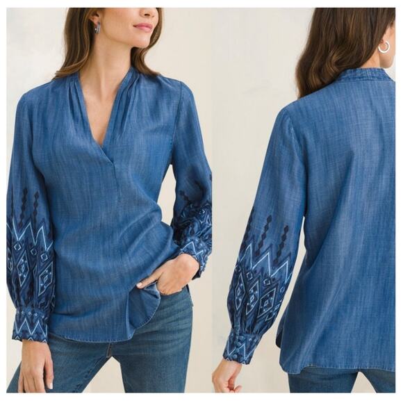 Chico’s Embroidered Sleeve Blouse Tencel Size XL Chambray Denim Blue NEW - Picture 3 of 12